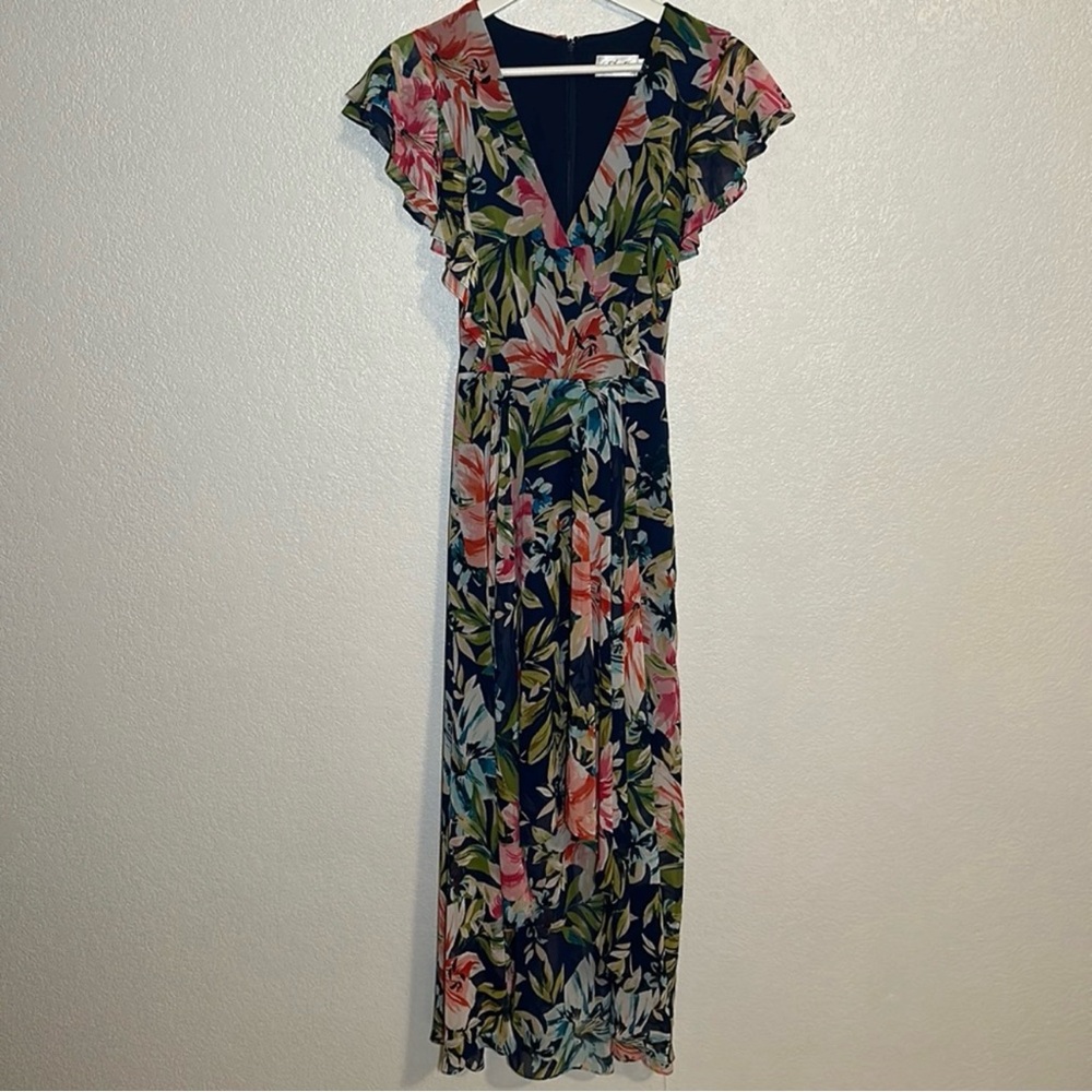 Eliza J Blue Floral Flutter Sleeve High Low Dress